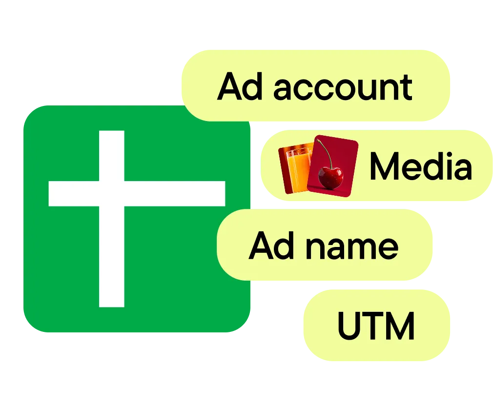 Google Sheets icon with per-row settings: ad account, media, ad name, UTM