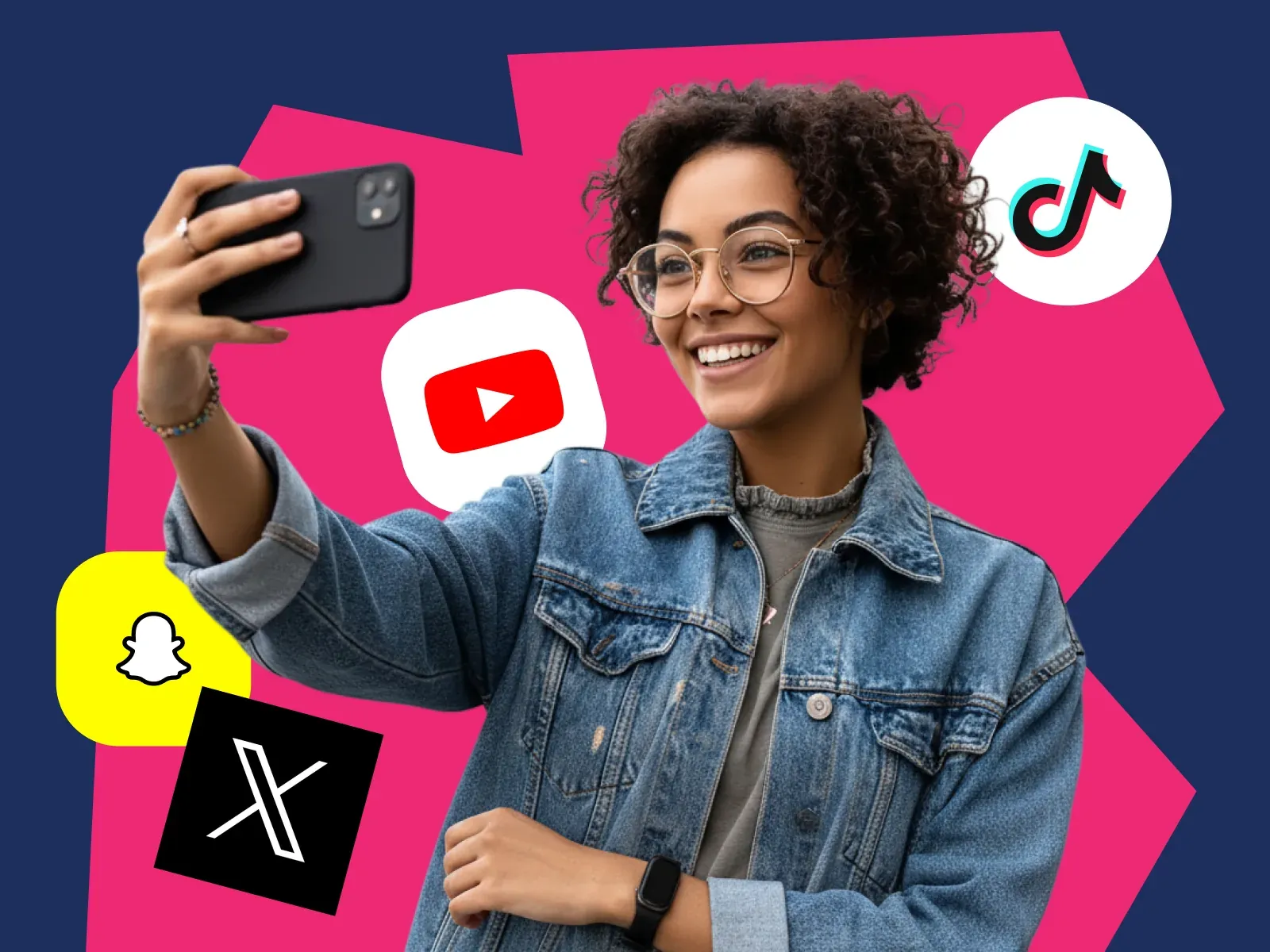 A creator filming herself, with TikTok, YouTube, Snapchat and X icons around